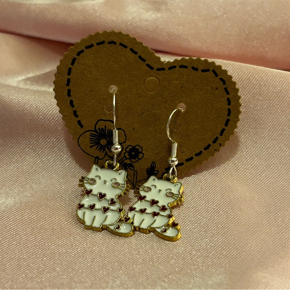 Handmade White Cat Enamel Earrings